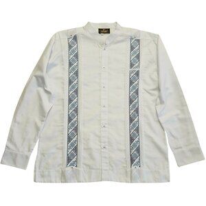 Men's Mexican Guayabera Shirt Long Sleeve Embroidered Mock Neck White XL